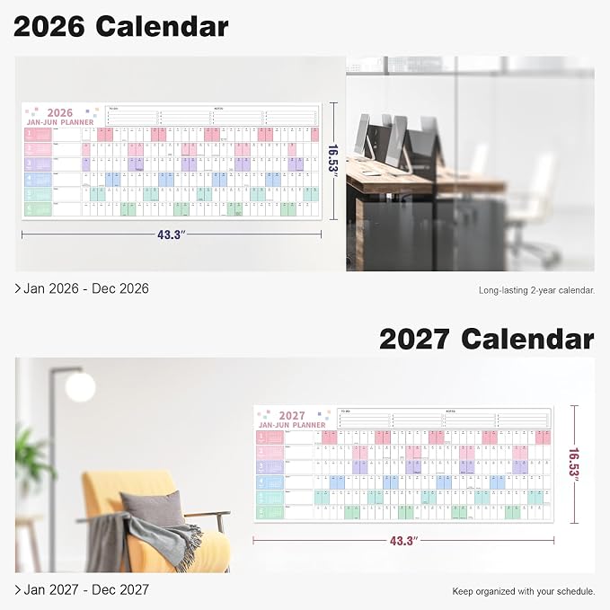 Ospelelf Wall Calendar 2026-2027 Large 16.53" x 43.33" Dry Erase Laminated Calendar for Wall, 24 Month Big Family Calendar, Use Jan 2026 - Dec 2027,Rolled Package (Multicolor)