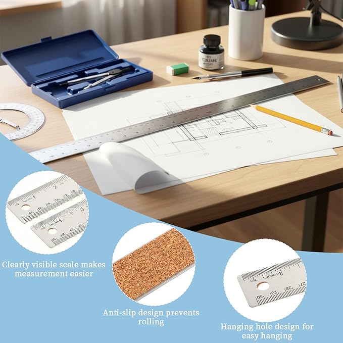 Metal Ruler 18 Inch - Stainless Steel Metal Ruler with Cork Backing Non-Slip Rulers with Inch and Centimeters Prevent Ink Leakage for School Office Drawing Engineering Tools