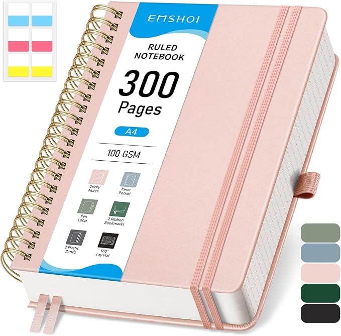 EMSHOI Lined Spiral Journal Notebook, 300 Numbered Pages, A4 (8.2"x11.2") | College Ruled, Leather Hardcover, 100 GSM Thick Paper, for School, Writing, Work, Office & Journaling (Rose gold)