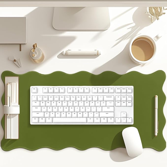 Hahafelt Scalloped Desk Mat Large Desk Pad Cute Coquette Table Mat Back to School Preppy Table Make up Pad Nonslip Graduation Gift with Stitching Waterproof Gaming(Dark Green,31.5 x 15.8 Inches)