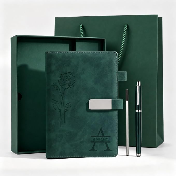 CRME Personalized Leather Journal with Pen and Gift Box,Custom Leather Executive Notebook with Name,A5 Hardcover Lined Journal for Writing Business Travel,5.8"x 8.3",Green