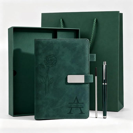 CRME Personalized Leather Journal with Pen and Gift Box,Custom Leather Executive Notebook with Name,A5 Hardcover Lined Journal for Writing Business Travel,5.8"x 8.3",Green