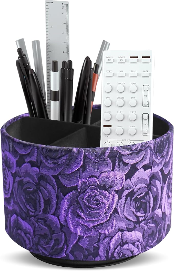 Round Leather Art Supply Organizer,Remote Control Holder,360 Degree Rotating,Multi-Functional Pencil Holder,4 Compartments Desktop Stationary Organizer(1-3D Rose Purple)