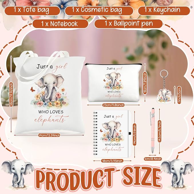 Kinlop 5 Pcs Elephant Pattern Gifts for Women Include Just a Girl Who Loves Elephants Tote Bag Canvas Cosmetic Bag Coil Notebook Keychain and Ballpoint Pen for Women Girls