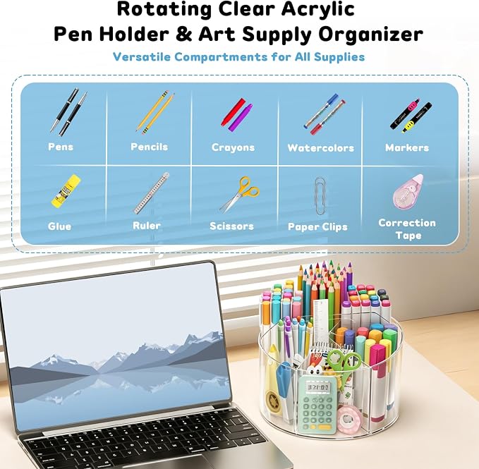 SUPEASY Acrylic Rotating Pencil Holder, 360° Clear Pen & Marker Organizer | Crayon Art Supply Organizer with 6 Compartments and Carry Handle for Desk, Home, Office, Classroom