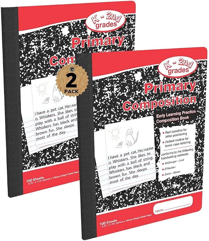 1InTheOffice Primary Composition Notebook K-2, Primary Journal, Kindergarten Notebook, 7.5" x 9.75", 100/Sheets, Red/Black Marble, 2 Pack