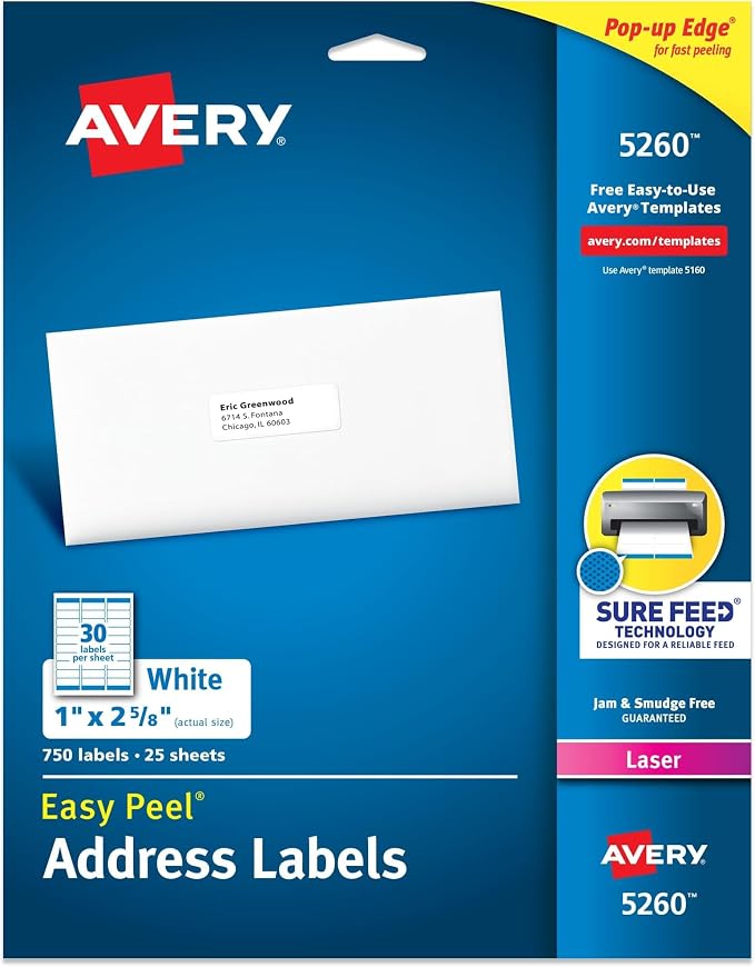 Avery Easy Peel Printable Address Labels with Sure Feed, 1" x 2-5/8" Customizable Stickers, White, 750 Blank Mailing Labels, Great for Mailing, Shipping, and More (5260) (Pack of 5)
