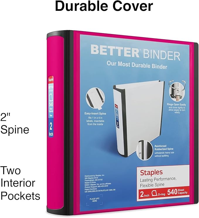 Staples Better Binder, 2" Heavy‑Duty D‑Ring 3‑Ring Binder, Pink, Reinforced Spine, 540‑Sheet Capacity, Durable Organizer for Office, School & Filing, 2‑Pack