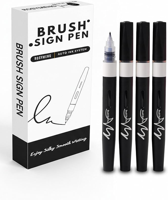 ROSYMENG Calligraphy Brush Pens, 4-Pack, Soft and Hard Tip Sign Pens Marker for Hand Lettering, Art Drawing, Sketching, Scrapbooking, Writing, Journaling