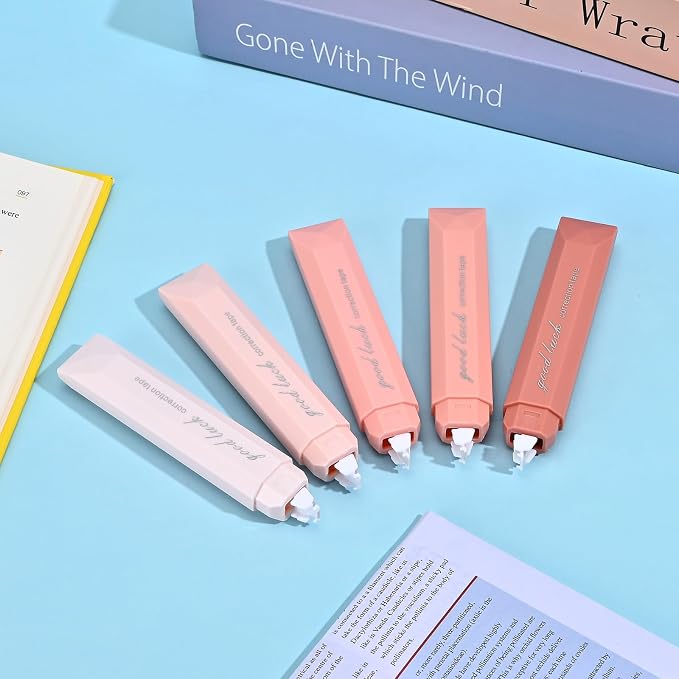 Temiary 5 Pcs White Correction Tapes, Aesthetic Correction Tape Pens Smooth Pull Out, Easy to Use Pen Shaped Applicator for Students School Office Supplies (Pink)