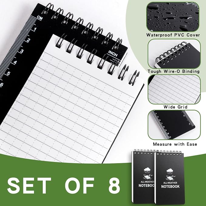 Waterproof Notebook, 8 Pack Pocket Notepad, 3" x 5" Top-Spiral Weatherproof NotePad, All Weather Police Pocket Notebook Mini Memo Steno Note Pads for Outdoor Office School Recording, Black