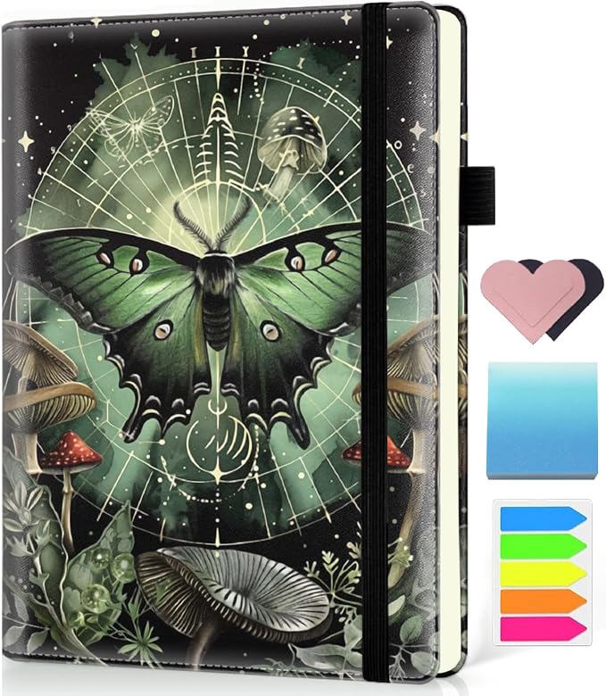 Hardcover Executive Notebooks, A5 PU Leather Lined Journal Notebook, 200 Pages Thick Paper Subject Notebooks for School,Work,Home Writing Business Notebook, Diary Book ，Cyan Moth Mushroom