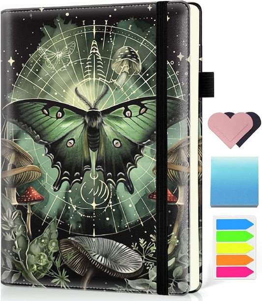 Hardcover Executive Notebooks, A5 PU Leather Lined Journal Notebook, 200 Pages Thick Paper Subject Notebooks for School,Work,Home Writing Business Notebook, Diary Book ，Cyan Moth Mushroom