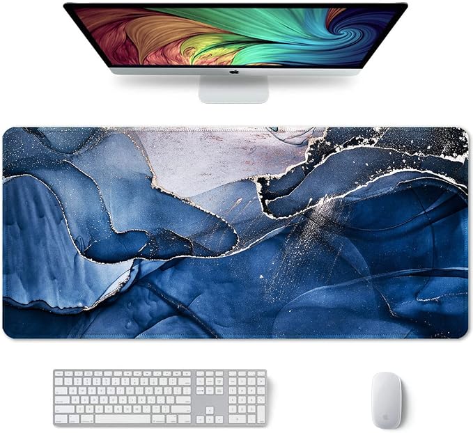 Auhoahsil Large Mouse Pad, XXL Desk Pad, Extened 35" x 15", Non-Slip Rubber Base, Stitched Edges, Superior Surface, Waterproof Keyboard Mat, Large Mousepad for Gamer, Office & Home, Ink Navy Marble