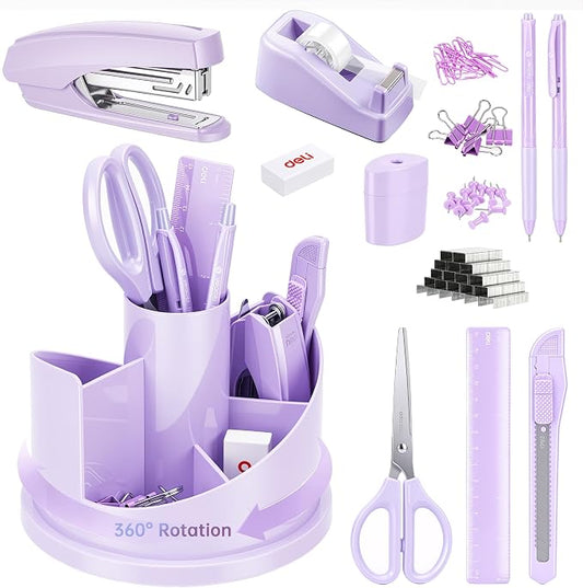 deli Office Supplies Set, Purple Desk Accessory Organizer Kit, Stapler Set, Rotating Multi-Functional Pen Holder, Tape Dispenser, Pens, Binder Clips, Sharpener, Scissor, Eraser, Purple Office Supplies