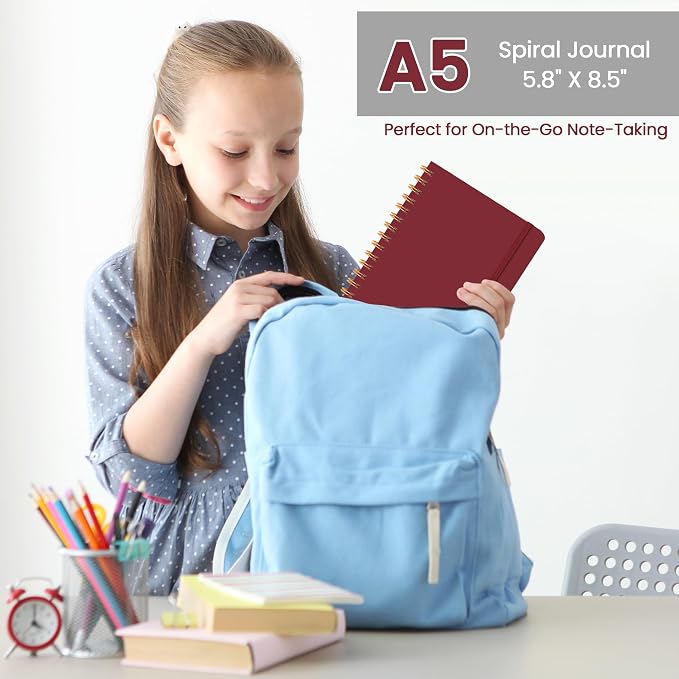 CICPAP Lined Spiral Journal Notebook, A5 College Ruled Notebook for Journaling, Note-Taking, and Daily Planning, Durable Hardcover with an Elegant Design, Burgundy