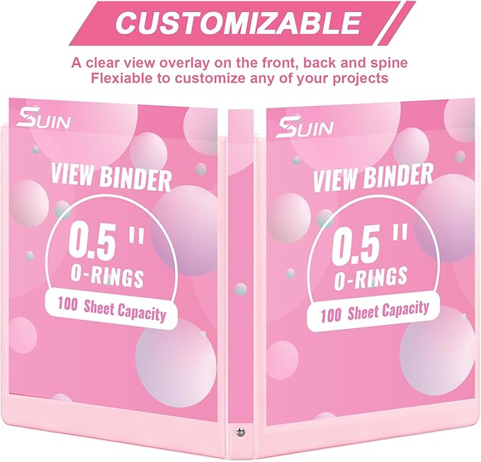 SUIN 1/2-Inch 3 Ring Binders with 2 Interior Pockets, Basic 0.5'' Binders Holds 100 Sheets Letter Size, Office School Home, 6 Pack