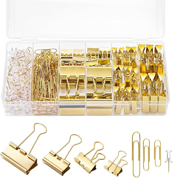 BESARME Gold Paper Clips and Binder Clips Set, 279 Pcs Gold Desk Accessories Assorted Office Essentials in Organizer Box for Office School Home Paper Sorting Note Pinning