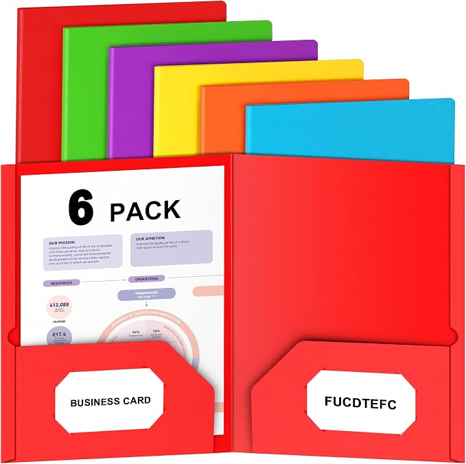 FUCDTEFC Folders with Pockets, 6 Pack Paper 2 Pocket Folders, Heavy Duty Folders for Document with Business Card Slot, Colored File Folders Back to School Supplies for Teacher Kids Office
