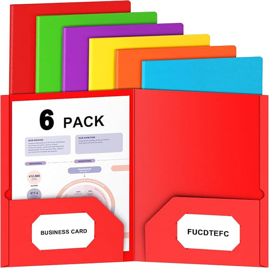FUCDTEFC Folders with Pockets, 6 Pack Paper 2 Pocket Folders, Heavy Duty Folders for Document with Business Card Slot, Colored File Folders Back to School Supplies for Teacher Kids Office