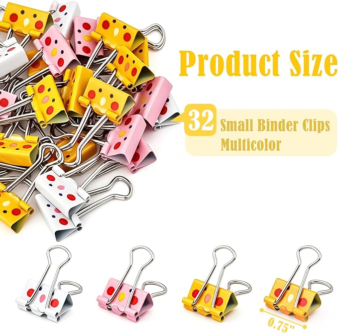 BAYTORY 32Pcs Cute Binder Clips, 3/4 Inch (19 mm) Small Binder Clips | Colored Paper Clip, Paper Clamps for School Teachers Office Supplies (Light Yellow, Dark Yellow, Pink, White)