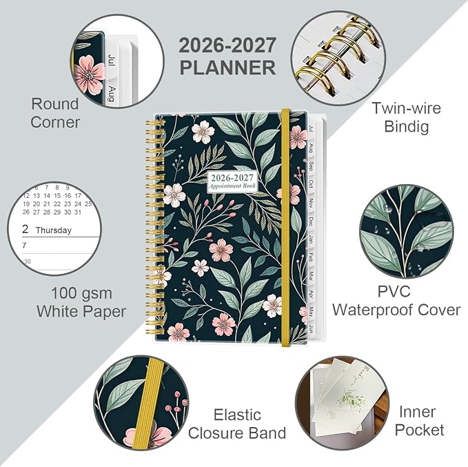 2026-2027 Appointment Book & Planner - 2026-2027 Daily Hourly Planner from July 2026 - June 2027, Weekly Appointment Book with 30-Minute Interval, Medium 6.4" x 8.5", Flower-C