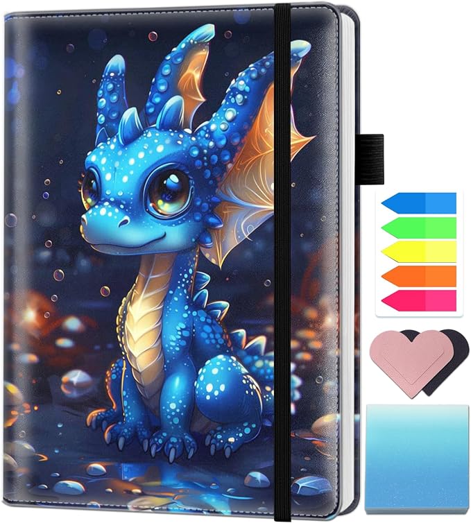 A5 Leather Lined Journal Notebook, 200 Pages Hardcover Executive Notebook for Men Women Office School Note Taking, Thick Writing Paper Daily Journal with Bookmarks/Indexes,Baby Dragon