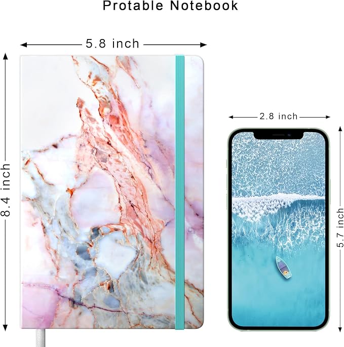 Lined Journal Notebook, Marble Hardcover, Medium 5.7 x 8.4 in, 160 Pages Thick Paper, Cute Aesthetic A5 College Ruled Notebook for Journaling Writing Work Office School Men Women, Pink Ink