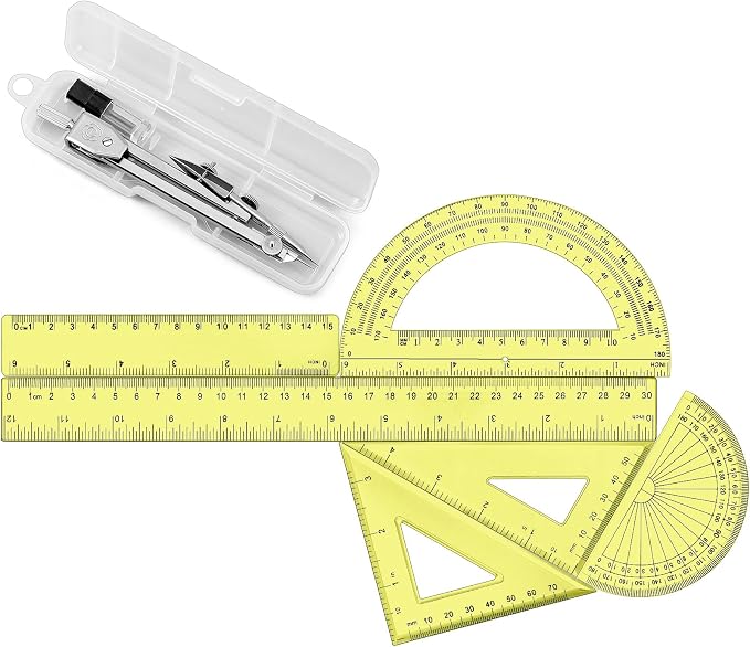 Zonon 7‑Piece Geometry Set with Drawing Compass, 6 & 4 Inch Protractors, Triangle Rulers and Straight Rulers, Transparent Math Drafting Supplies for Back to School, Students and Office Use(Yellow)