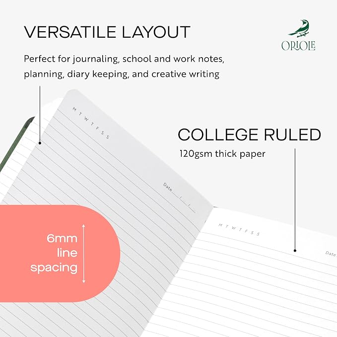 Oriole Vegan Leather Ruled Notebook - Racing Green | 176 Pages of Thick Lined Paper | Soft Touch Hardcover Journal (5 x 8 in) with Gold Foil Bird Design & Luxury Gift Box