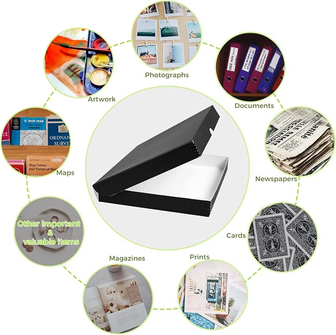 Lineco Clamshell Archival Storage Box, 11.5x17.5x1.75 Inch, Black | Acid-Free with Metal Edge Boxboard, Organize and Store Photos Documents Cards Negatives Magazine Prints Family Records DIY