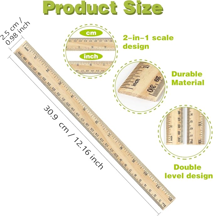 ZZTX 3 Pack Wooden Ruler 12 Inch（30 cm) | 2-in-1 scale design, Durable material, Double level design