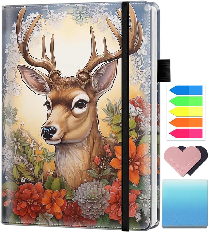 A5 Leather Lined Journal Notebook, 200 Pages Hardcover Executive Notebook for Men Women Office School Note Taking, Thick Writing Paper Daily Journal with Bookmarks/Indexes, Deer Red Flower