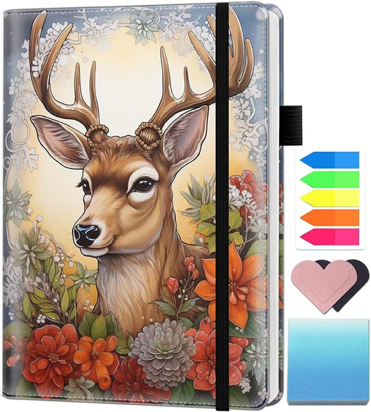 A5 Leather Lined Journal Notebook, 200 Pages Hardcover Executive Notebook for Men Women Office School Note Taking, Thick Writing Paper Daily Journal with Bookmarks/Indexes, Deer Red Flower