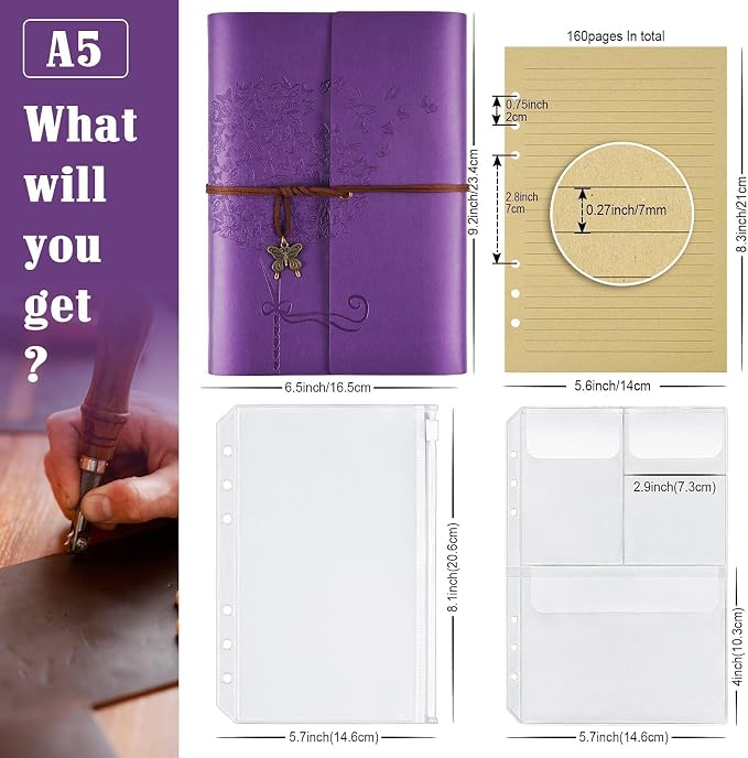 OMEYA Leather Journal Notebook, Refillable Writing Journal Diary Planner, Gifts For Women,Men, Girls, Sister, Friends(Purple, A5-9.3''×6.3'')