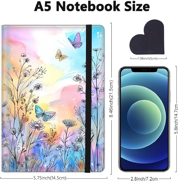 A5 Leather Lined Journal Notebook, 200 Pages Hardcover Executive Notebook for Office School Note Taking, Thick Writing Paper Daily Journal with Bookmarks/Indexes, Butterfly Watercolor Flower