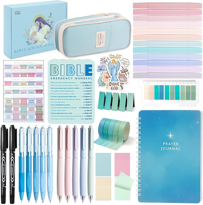 XKDOUS Bible Study Supplies Journaling Kit for Women, Bible Study Kit Journaling Supplies Includes Prayer Journal, Highlighters, Emergency Card, Pencil Case and More, Christian Gifts for Women, Blue