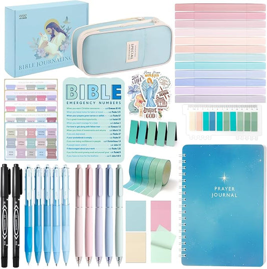 XKDOUS Bible Study Supplies Journaling Kit for Women, Bible Study Kit Journaling Supplies Includes Prayer Journal, Highlighters, Emergency Card, Pencil Case and More, Christian Gifts for Women, Blue