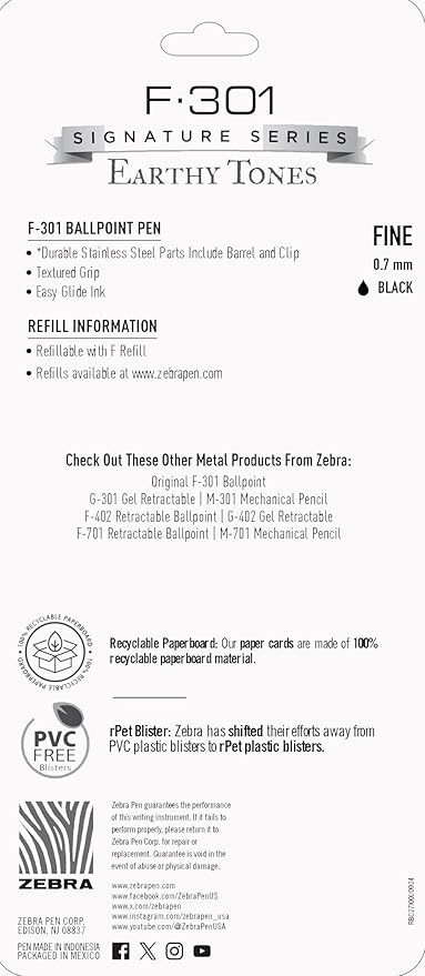 Zebra Pen F-301 Signature Series Ballpoint Pen, Black, 0.7mm, 4-Pk (27244) | Stainless Steel Barrel, Easy-Glide Ink, Sage Earth-Tone Barrel Accents, Fine Point Tip, Ideal for Planners & Note-Taking