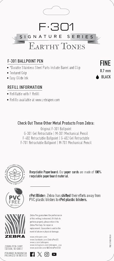 Zebra Pen F-301 Signature Series Ballpoint Pen, Black, 0.7mm, 4-Pk (27254)