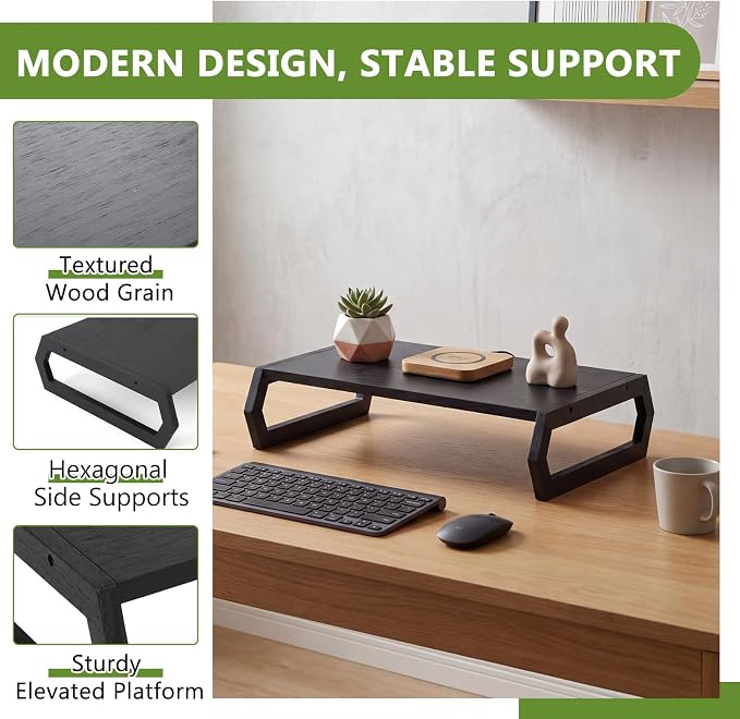 Wenqik Solid Pine Wood Laptop Riser, 14.2" Wooden Laptop Stand for Desk, Monitor Shelf with Keyboard Storage, Minimalist Desktop Organizer for Dorm Room, Home Office, Black(Hexagonal Design)