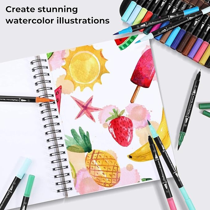 Ohuhu Adult Coloring Book Markers 100 Color Dual Tip Water-Based-Maui-Black | No Bleed Coloring Markers Fineliner & Brush Drawing Pens Art Pens for Kids Adults Sketch Journal
