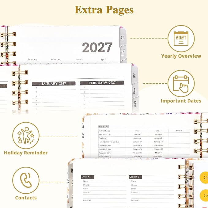 JoyCat Academic Planner 2026-2027, A5 Weekly & Monthly, Wildflowers | July 2026-June 2027 A5 planner combines weekly and monthly layouts, tabs, grid notes and sticker sheets.