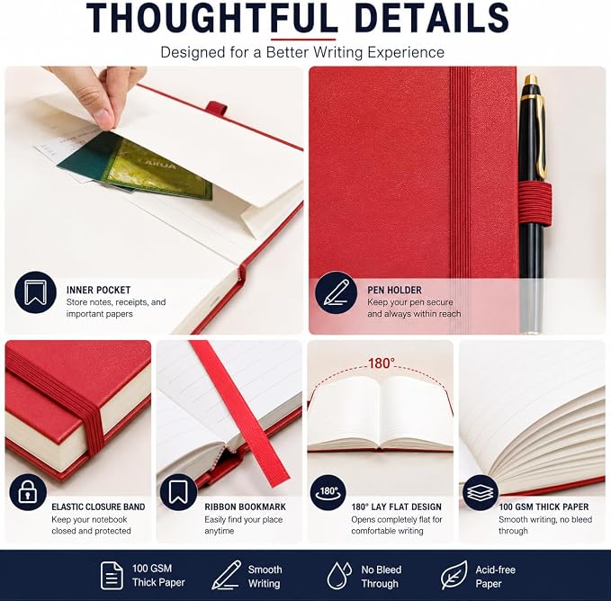 Heture 8 Pack Lined Journal Notebooks, A5 Hardcover Notebooks, 5.5 x 8.3 inch, 100GSM,160 Pages, Classic College Ruled Notebooks for Writing/Work/Travel/College (Assorted Color)