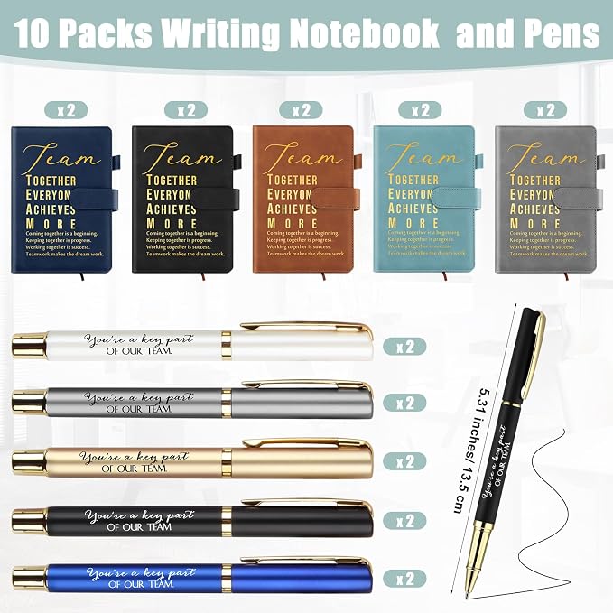 Kosiz 20 Pcs/10 Sets Employee Appreciation Gift Bulk A5 Leather Notebook Inspirational Journal Pen Thank You Gift for Men Women Coworker Teacher Office Back to School(Multicolor,Team)
