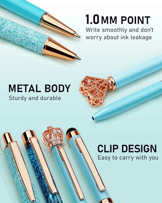 WEMATE 8Pcs Blue Pens, Metal Crystal Diamond Pens with Black & Blue Ink | Cute Fancy Pens for Journaling, Office Supplies, Gifts for Women Girls, Birthday & Back to School Supplies