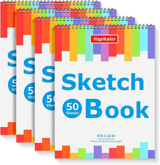 4 Pack 9x12 Sketch Book Spiral Bound, 50 Sheets Each 100gsm/68lb Acid-Free Drawing Paper, Lay-Flat Art Sketch Pad for Dry Media, Pencil, Charcoal, Sketching & Practice, School Supplies for Kids Adults