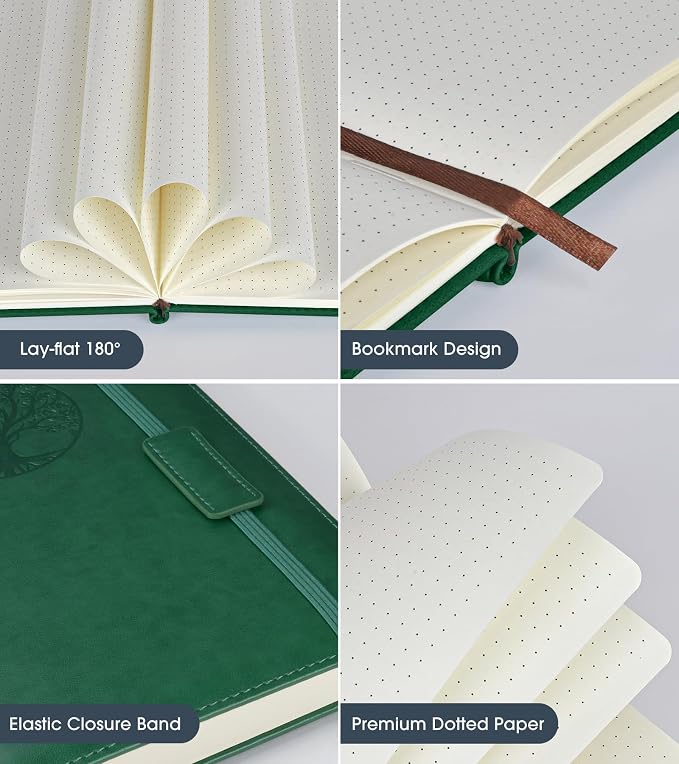 Biuwory Dotted Journal Notebook, 140 Dot Grid Pages, Medium 5.7"×8.3" | A5 Hardcover Vintage Leather Journal for Women Men, Dot Grid Paper Notebook for Work School Travel, Bullet Journaling Writing