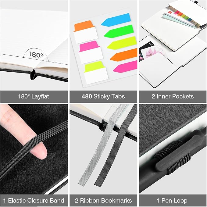 OMEYA A5 Hardcover Notebooks for Work:12 Pack, 100gsm Paper, 160 Pages Each | College-Ruled Pages, 5.75" x 8.38", PU Leather Hardcover, 12 Pens, 2 Inner Pockets, 180° Lay-Flat, For Business, School