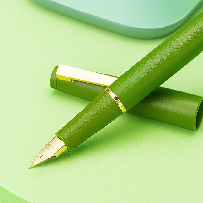 Jinhao 80 Avocado Green Fiber Brushed Fountain Pen, Iridium Fine Gold Nib with Ink Converter, Classic Design Smooth Writing Pen (Gold Clip)